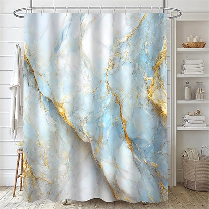 Nkzply 4 Pcs Blue Marble Shower Curtain Set White Bathroom Sets with Shower Curtain and Rugs Gold Modern Abstract Bathroom Decor Accessories Bathroom Rugs Toilet Lid Cover with Hooks