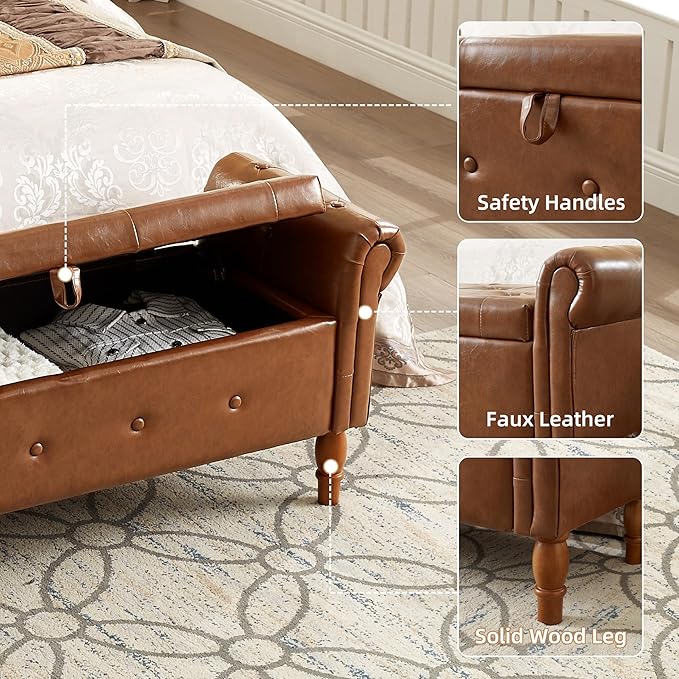 Storage Ottoman Bench, 50" Modern Upholstered End of Bed Bench, Faux Leather Rolled Armed Button-Tufted Ottoman with Storage for Living Room, Entryway, Window, Brown