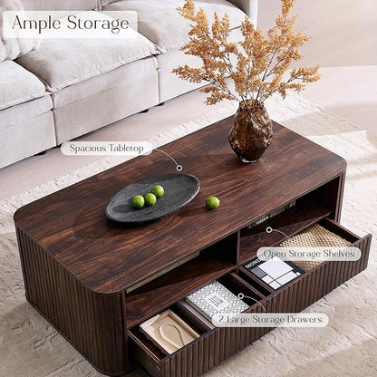 ACCOHOHO 51" Fluted Coffee Table with Storage, Large Modern Center Table with 2 Drawers, Rectangle Wood Coffee Table for Living Room, Dark Walnut