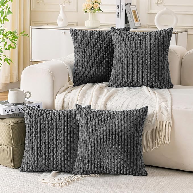 Set of 4 Dark Grey Decorative Throw Pillow Covers 24x24 Inch Corduroy Pillow Covers for Bed Couch Sofa Living Room Soft Square Cushion Cases
