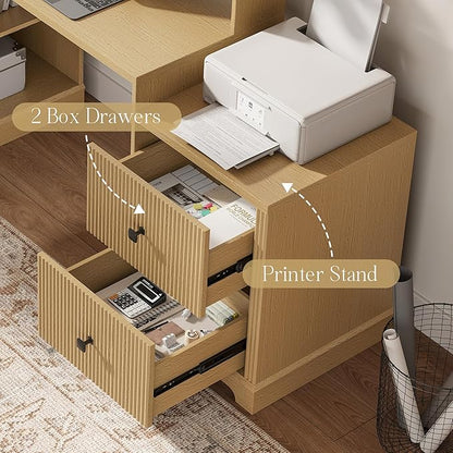 67" L Shaped Executive Desk with Drawers & Storage Shelf, Corner Computer Desk with Power Outlets, Home Office Desk with Monitor Stand, Printer Shelf, Computer Writing Desk for Work, Oak