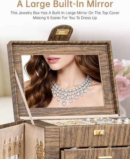 AKOZLIN 360° Rotating Jewelry Box 6-Tier Organizer Functional Jewelry Storage Case for Women Girls Ring Necklace Earring Bracelet Holder with Mirror Color Wood Grain