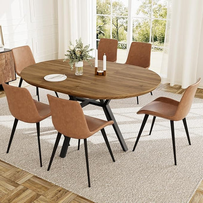 Extendable Round Dining Table Set for 6 People, 43.3"-59.1" Extendable Kitchen Table with 6 Upholstered Chairs, Space Saving for Kitchen Dining Room (Walnut Table+6 Brown Chairs)