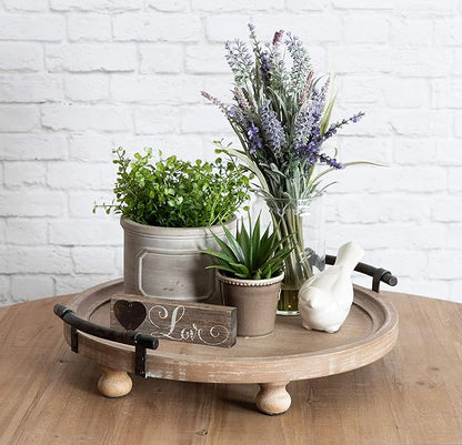 Kate and Laurel Bruillet Round Wooden Footed Tray with Handles, 15 inch Diameter, Rustic Finish