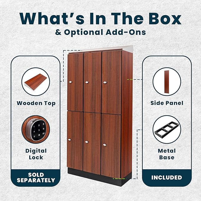 Alpine 6 Door Wooden Locker Cabinet - 72" Expandable Commercial Storage Lockers for Gym, Spa, Office & Golf Club - Includes Metal Base & Lock-Ready Handles, Triple Column 2 Tier - Walnut