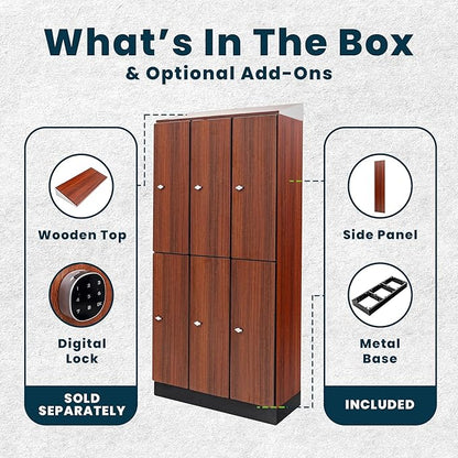 Alpine 6 Door Wooden Locker Cabinet - 72" Expandable Commercial Storage Lockers for Gym, Spa, Office & Golf Club - Includes Metal Base & Lock-Ready Handles, Triple Column 2 Tier - Walnut