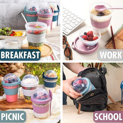 Hakan Overnight Oats Containers with Lid & Spoons, 4 Pack - 20 oz, Reusable Yogurt Parfait Cups with Topping Dome - BPA-Free Plastic Cereal & Fruit Cups to Go - Large Breakfast Jars for Work & School