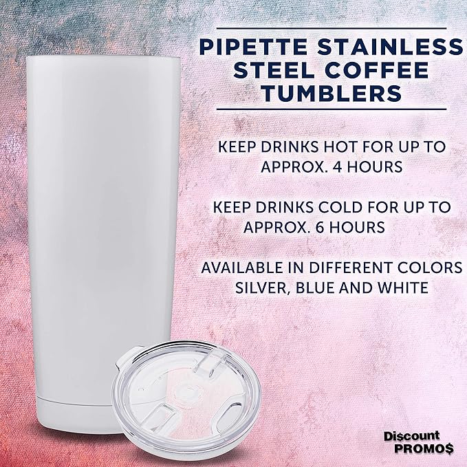 DISCOUNT PROMOS Pipette Stainless Steel Coffee Tumblers 20 oz. Set of 6, Bulk Pack - Double Wall, Perfect for Coffee, Hot Cocoa, Other Hot & Cold Beverages - White
