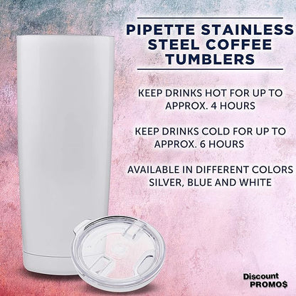 DISCOUNT PROMOS Pipette Stainless Steel Coffee Tumblers 20 oz. Set of 6, Bulk Pack - Double Wall, Perfect for Coffee, Hot Cocoa, Other Hot & Cold Beverages - White