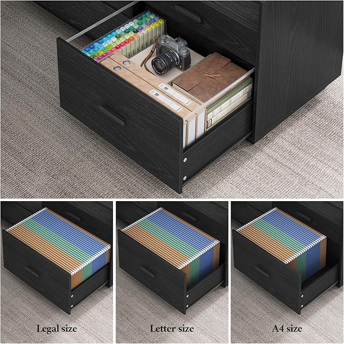 70.3 inch L Shaped Executive Desk with Power Outlets, Large Home Office Desk with Storage Drawers and File Cabinet, Modern Computer Desk with Shelves, Black Business Furniture, Square Tapered Legs