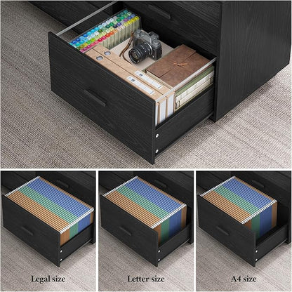70.3 inch L Shaped Executive Desk with Power Outlets, Large Home Office Desk with Storage Drawers and File Cabinet, Modern Computer Desk with Shelves, Black Business Furniture, Square Metal Legs