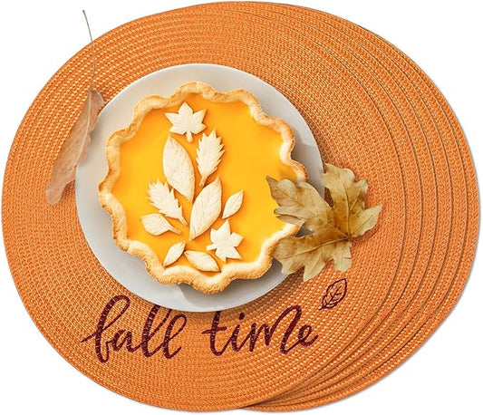 FunWheat Round Placemats Set of 6 Table Mats for Thanksgiving Tables Washable Non-Slip Place mats 15 Inch for Fall(Orange Fall,6pcs)