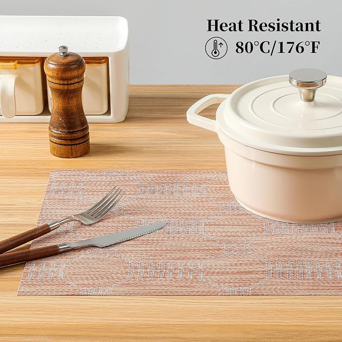Leetaltree Coral Placemats Set of 6 - Heat Resistant Non-Slip Place mats for Dining Table, Washable Durable PVC Vinyl Woven Table Mats（Coral, 6）