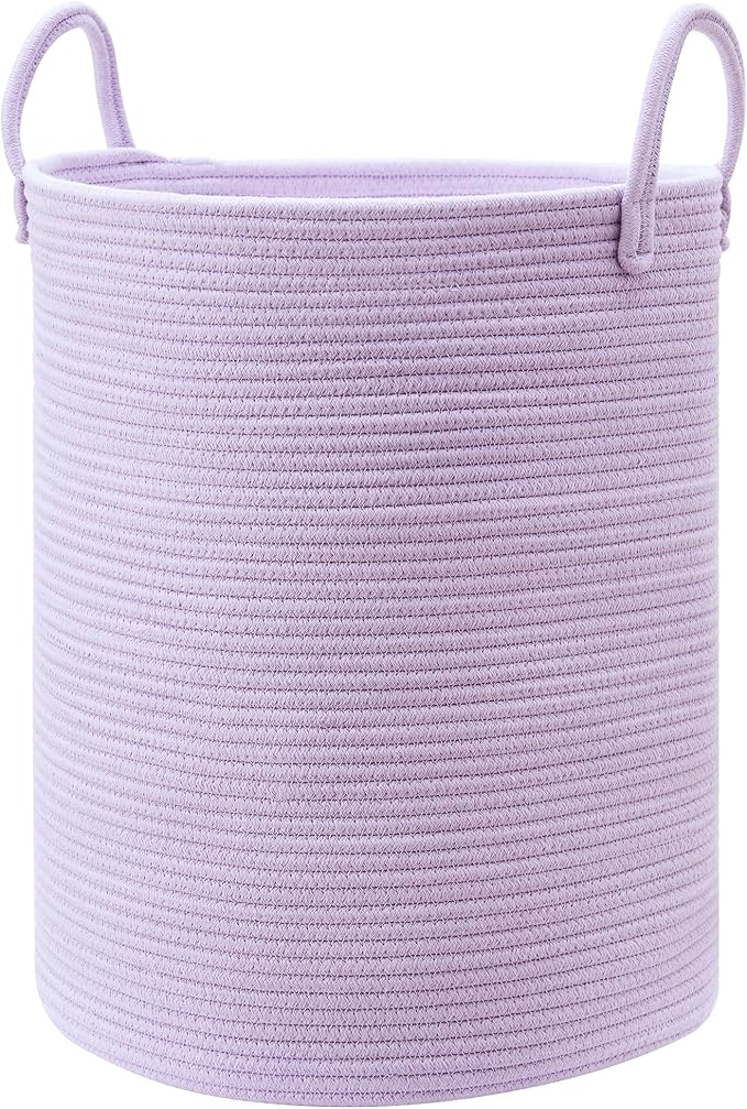 60L Large Purple Laundry Hamper Basket for Nursery Kids Tall Lavender Blanket Basket for Girls Cotton Rope Lilac Clothes Hamper in Bedroom 15Dx20H inches