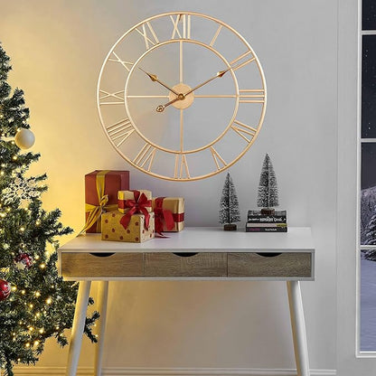 CLXEAST Champagne Gold Metal Wall Clock, Large Roman Numeral 24 Inch Wall Clocks for Living Room Decor,House Warming Gifts New Home