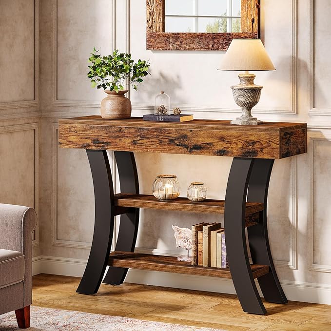 Tribesigns 41" Small Console Table for Entryway, 3-Tier Narrow Rustic Sofa Table with Storage Shelves and Curved Frame for Living Room, Entry, Hallway, Foyer, Rustic Brown