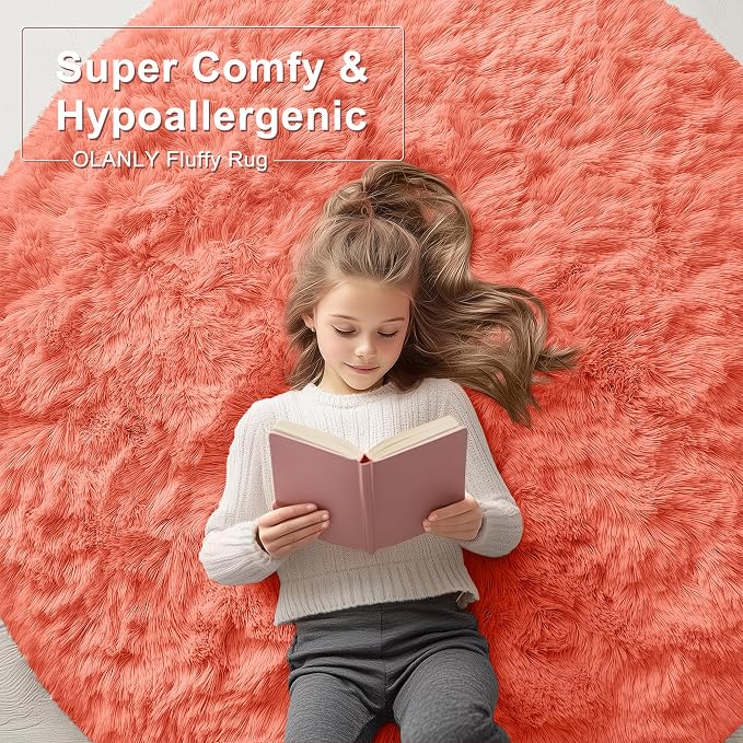 OLANLY Coral Red Round Rugs for Bedroom - Machine Washable, 6 ft Circle Area Rugs for Living Room, Soft and Fluffy Shaggy Carpet for Teen Girl and Boys, Nursery Rooms, Dorms, Home Decor Aesthetic