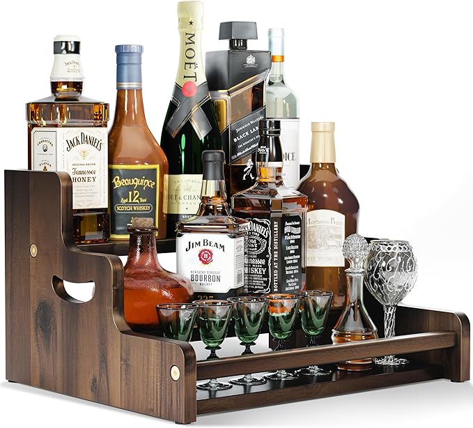 Tinamo Acacia Wood Liquor Bottle Display Shelf – 3-Tier Countertop Wine Rack, Bar Shelf – Whiskey Bar Stand for Home, Bottle Organizer for Countertop – Wine Holder with Handles (Walnut Color)