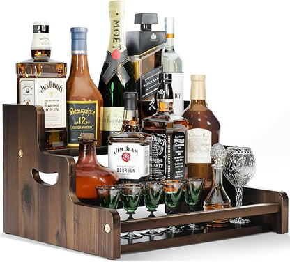 Tinamo Acacia Wood Liquor Bottle Display Shelf – 3-Tier Countertop Wine Rack, Bar Shelf – Whiskey Bar Stand for Home, Bottle Organizer for Countertop – Wine Holder with Handles (Walnut Color)