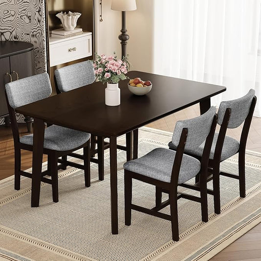 5-Piece Wooden Dining Set Mid-Century Modern Dinner Table and 4 Upholstered Chairs Rectangular Table with Chairs Set Rubberwood Legs Linen Padded Seat & Backrest for Dining Room Kitchen Apartment