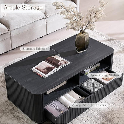 ACCOHOHO 51" Fluted Coffee Table with Storage, Large Modern Center Table with 2 Drawers, Rectangle Wood Coffee Table for Living Room, Black
