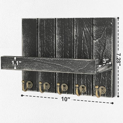 Rebee Vision Pine Wood Key Holder Wall Mount with Shelf – Farmhouse Key Holder for Wall & Sunglass Organizer for Entryway – Perfect for Living Room Decor (3.54" x 10" x 7.28", Old Black)