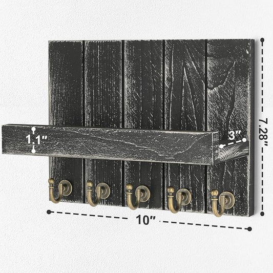 Rebee Vision Pine Wood Key Holder Wall Mount with Shelf – Farmhouse Key Holder for Wall & Sunglass Organizer for Entryway – Perfect for Living Room Decor (3.54" x 10" x 7.28", Old Black)