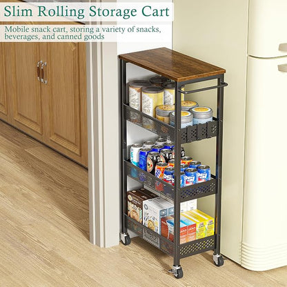 XYZLVSI Slim Storage Cart 4 Tier Fruit and Vegetable Baskets for Kitchen Small Space, Narrow Laundry Cart on Wheels with Wooden Top and Metal Handle for Pantry, Bathroom, Laundry Room