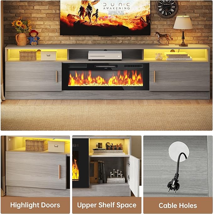MXV 78" Fireplace TV Stand with Power Outlet for TVs UP to 90", Electric Fireplace Entertainment Center with LED Lights & Storage Cabinets, TV Console for Living Room, Office, Grey-Black