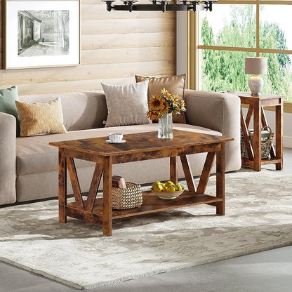 WLIVE Coffee Table with Storage Shelf, 39.4" Farmhouse Coffee Table with V-Frame Support, 2-Tier Wood Rustic Center Table for Living Room, Bedroom & Balcony, Rustic Brown
