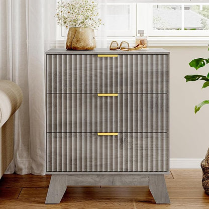 Fluted 3 Drawer Dresser for Bedroom, Mid Century Modern Beside Table with Metal Handle, Wooden Nightstand with 4 Drawers End Table for Living Room, Closet, Entryway, Grey