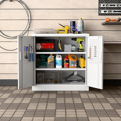 SUXXAN Metal Storage Cabinet with Pegboard 31.5'' x 31.5'' x 16.5'',Lockable Rolling Steel Storage Cabinet with 5 Adjustable Shelves and Door for Garage, Office, Kitchen, Assembly Required(White)