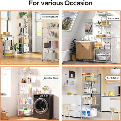 M MZG 5 Tiers Shelf Metal Storage Shelves Wire Rack Closet Organizers with Wheel for Garage Kitchen Bathroom Laundry Chrome 11.8" D x 17.7" W x 55" H