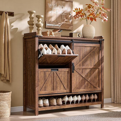 OKD Shoe Storage Cabinet with 2 Flip Drawers & Sliding Door, Farmhouse Entryway Shoe Organizer, Freestanding Rustic Hidden Shoe Rack Cabinet for Entryway, Reclaimed Barnwood
