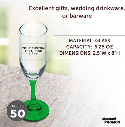 DISCOUNT PROMOS Custom Premiere Champagne Flutes 6.25 oz. Set of 50, Personalized Bulk Pack - Elegant Drinkware for Weddings, Events, & Promotional Gifts - Green