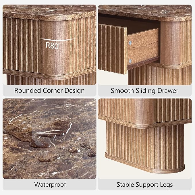 Win2win Fluted Coffee Table with Storage, Mid Century Modern Coffee Table with Faux Marble Top, Minimalist Rectangle Center Table with Sculptural Pedestal Legs & Drawers for Living Room/Office, Walnut