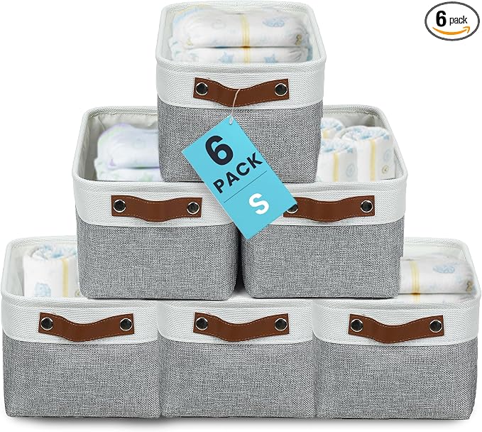 OrganiHaus 12x8in Canvas Storage Baskets 6 Pack | SMALL Fabric Bins for Shelves | Pantry & Bathroom Organizer | Gray/Off-White