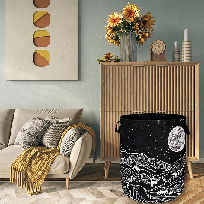 Mountain Laundry Basket Foldable With Handles Deer Bear Moon Tote Bag Oxford Cloth Funny Laundry Hamper Clothes Storage Bucket Toy Organizer For Bathroom/Laundry/Bedroom 18.9" x 16.5 "
