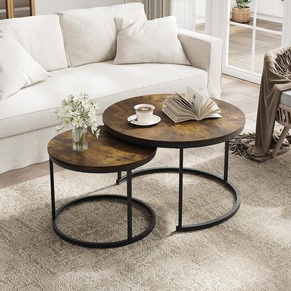 Smuxee Rustic Nesting Coffee Table Set of 2, 27.6" Round Coffee Table Wooden Marble Pattern with Adjustable Non-Slip Feet, Industrial End Table for Living Room Bedroom Balcony