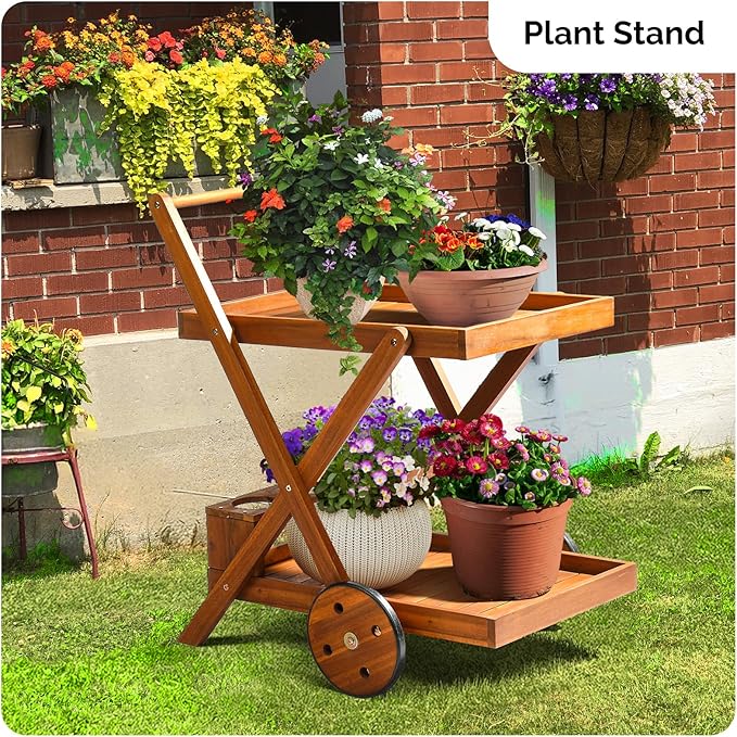 VINGLI 2-Tier Acacia Wood Bar Cart, Rolling Bar Carts with Wheels, Kitchen Serving Tea Cart for Plant Stand Indoor and Outdoor