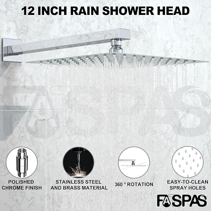 Polished Chrome Shower System with 12-Inch Rain Showerhead and Tub Spout | cUPC-certified pressure balance brass valve to prevent scalding, CEC-certified air injection technology for low pressure
