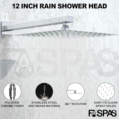 Polished Chrome Shower System with 12-Inch Rain Showerhead and Tub Spout | cUPC-certified pressure balance brass valve to prevent scalding, CEC-certified air injection technology for low pressure