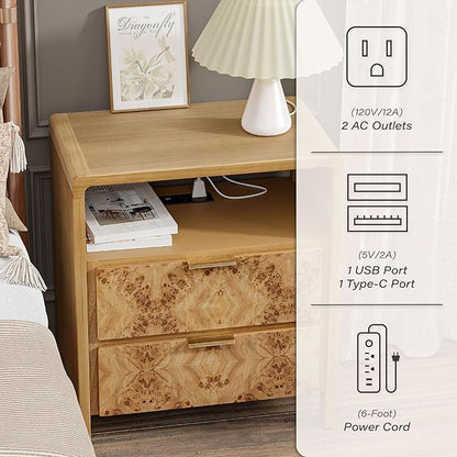 COZAYH Set of 2 Farmhouse 2 Drawer Nightstand with Charging Station, Side Table with Power Outlet, USB and Type-C Ports, Burl Wood Finish, Natural