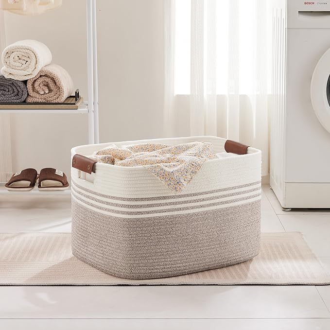 SunNewt 86L Extra Large Laundry Basket with Leather Handles for Living Room Storage, Woven Rope Baskets for Blanket, Kids Toy, Gifts, Wicker Hamper for Bedroom Dirty Clothes, 24"x16"x14" White Brown