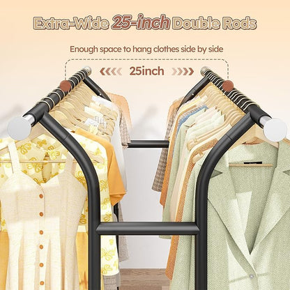 Raybee 74" W Heavy Duty Clothes Rack, Double Rods Clothing Rack Load 630 LBS, Rolling Clothes Racks for Hanging Clothes 400+, Garment Rack with shelves for Bedroom, Laundry Room, Retail Store