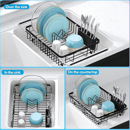 JASIWAY in Sink Dish Drying Rack, Expandable Stainless Steel Dish Drainers for Kitchen Sink, Over Sink Dish Drying Rack with Utensil Holder, 13.4''~16.9''D x 11.8''W, Black
