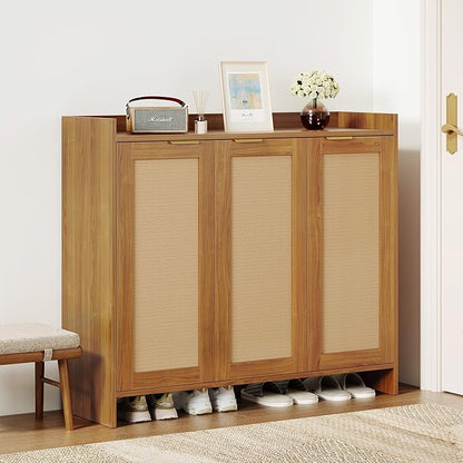 Shoe Cabinet, 41" Tall Rattan Shoe Storage Organizer Cabinet, Adjustable Shelves, 6-Tier Farmhouse Boho Wooden Storage Cabinet for Entryway Hallway Closet Bedroom,Oak