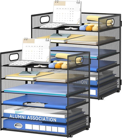 Daltack 6 Tier Paper Organizer for Desk, Paper Letter Tray Organizer for Desks, Mesh Desk File Organizers with Handle for Office, Home, School, Black, 2 Pack