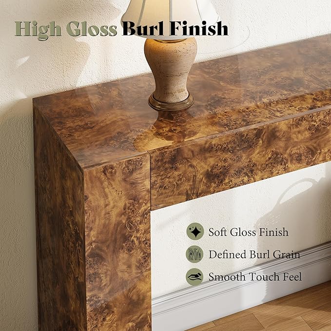 AMERLIFE 63" Burl Wood Console Table, Modern High Gloss Entryway Table with 2 Storage Drawers, Long Sofa Table Behind The Couch for Entrance, Hallway, Foyer, Living Room, Brown