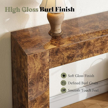 AMERLIFE 63" Burl Wood Console Table, Modern High Gloss Entryway Table with 2 Storage Drawers, Long Sofa Table Behind The Couch for Entrance, Hallway, Foyer, Living Room, Brown